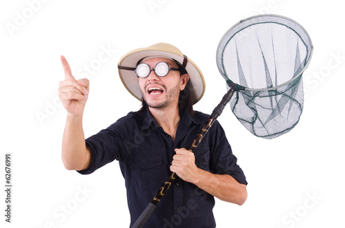 Photo: Funny guy with catching net on white Funny guy with catching net on white