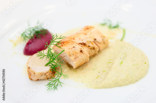 Photo: Chicken fillet with potato and beetroot puree Chicken fillet with potato and beetroot puree