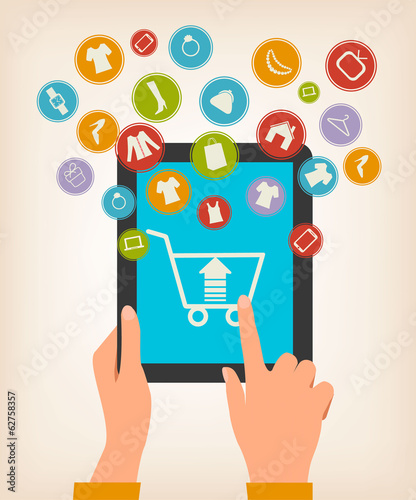 Vector: E-shopping concept. Hands touching a tablet with shopping icons. E-shopping concept. Hands touching a tablet with shopping icons.