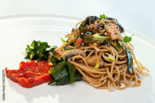 Photo: Healthy spaghetti with mushrooms and seaweed. Healthy spaghetti with mushrooms and seaweed.