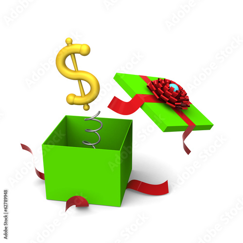 Illustration: 3D of dollar symbol springing out from a green gift box 3D of dollar symbol springing out from a green gift box