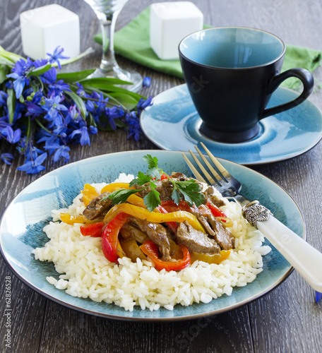 Photo: Beef with peppers and rice the Asian way. Beef with peppers and rice the Asian way.