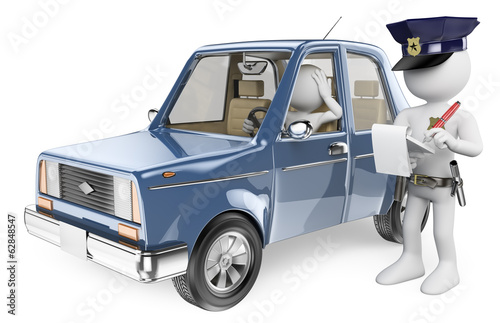 Illustration: 3D white people. Police imposing a fine on a driver 3D white people. Police imposing a fine on a driver
