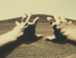 Photo: Hands extending reaching out towards ploughed farmland, near Pullman, Washington, USA Hands extending reaching out towards ploughed farmland, near Pullman, Washington, USA