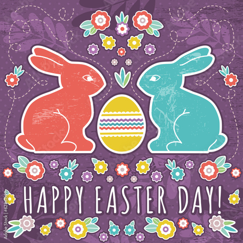 Vector: greetings card with easter eggs and two rabbits greetings card with easter eggs and two rabbits