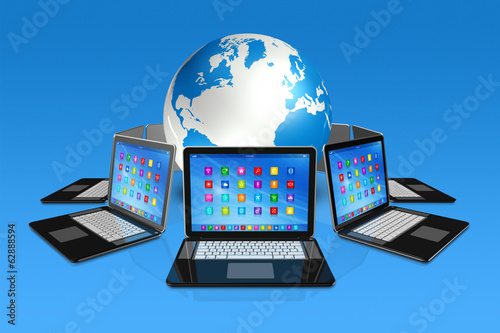 Illustration: Laptop Computers around World Globe Laptop Computers around World Globe