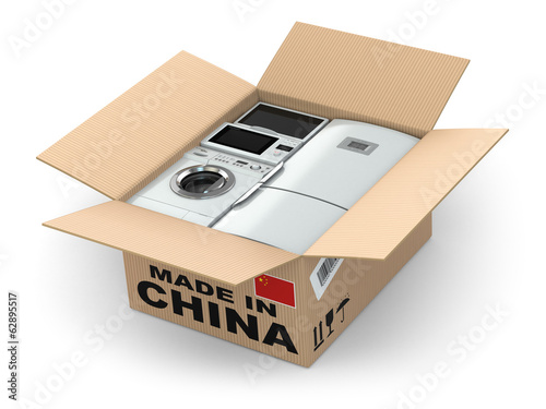 Illustration: Home appliance in box. Made in China. Home appliance in box. Made in China.