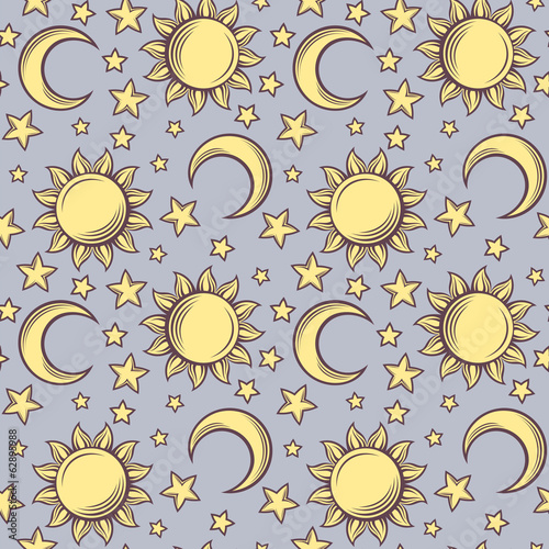 Vector: Seamless pattern with suns, moons and stars. Vector illustration Seamless pattern with suns, moons and stars. Vector illustration