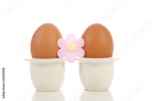 Photo: Two chicken eggs in holder with flower over white background Two chicken eggs in holder with flower over white background