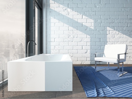 Illustration: Pure white bathroom interior with separate bathtub Pure white bathroom interior with separate bathtub