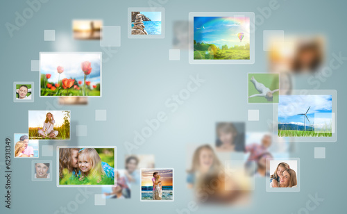 Photo: Travel and photo sharing technology background Travel and photo sharing technology background