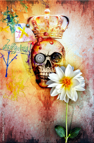 Illustration: Graffiti wall with king skull and holy flower Graffiti wall with king skull and holy flower