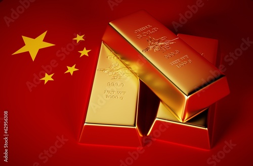 Illustration: 3d Photo-realistic image of golden bricks with china background 3d Photo-realistic image of golden bricks with china background