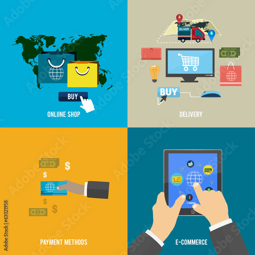 Vector: online shop, e-commerce, payment and delivery online shop, e-commerce, payment and delivery