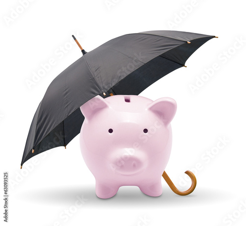 Photo: Black umbrella protect piggy bank. Isolated on white Black umbrella protect piggy bank. Isolated on white