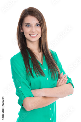 Photo: Lachende junge Frau in grüner Bluse Lachende junge Frau in grüner Bluse