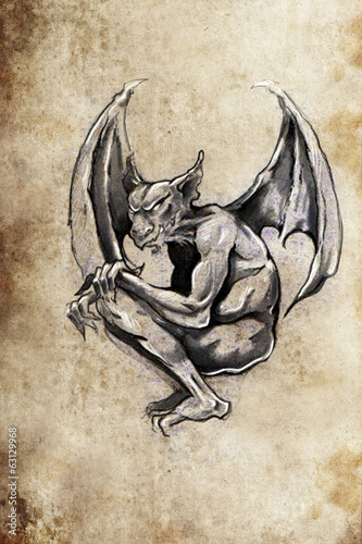  gargoyle Tattoo sketch, handmade design over vintage paper