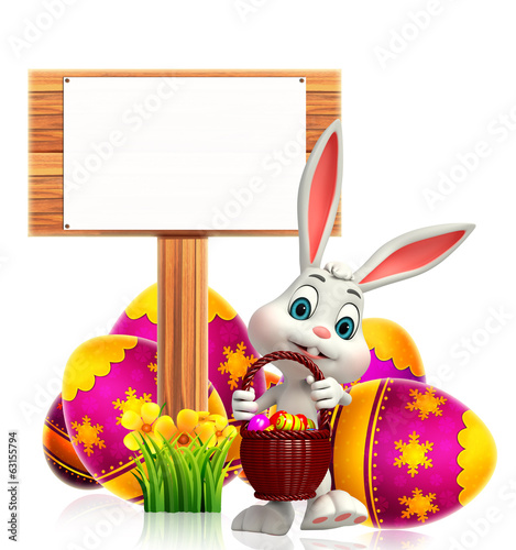 Illustration: easter bunny with wooden sign and egg basket easter bunny with wooden sign and egg basket