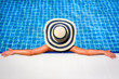 Woman in straw hat relaxing swimming pool Woman in straw hat relaxing swimming pool