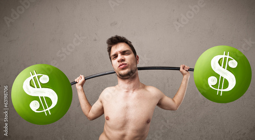 Photo: skinny guy lifting green dollar sign weights skinny guy lifting green dollar sign weights