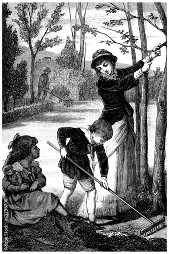 Illustration: Family : Gardening - Jardiner en Famille - 19th century Family : Gardening - Jardiner en Famille - 19th century