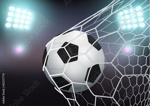 Vector: Vector soccer ball in the goal net on stadium with light Vector soccer ball in the goal net on stadium with light