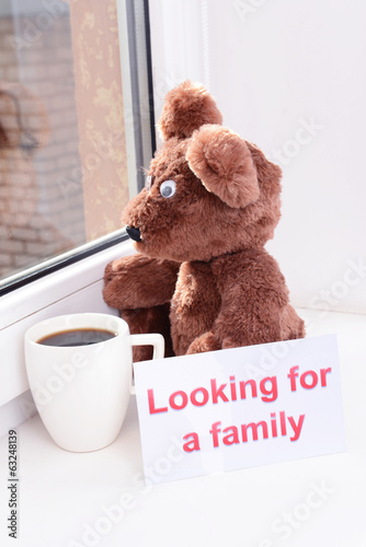 Photo: Toy-bear looking out window close-up Toy-bear looking out window close-up
