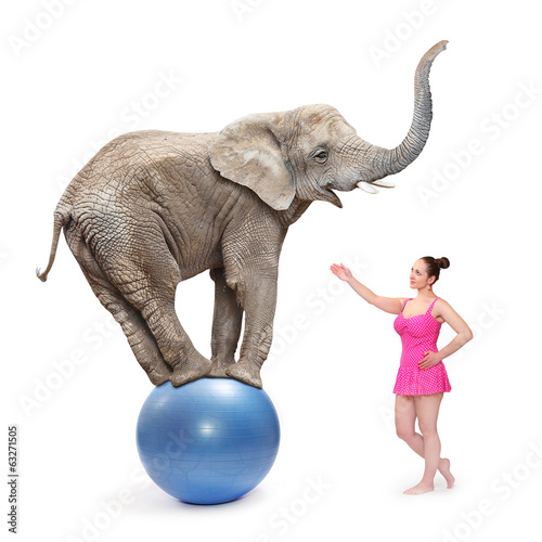 Photo: Circus clown girl and elephant balancing on a blue ball. Circus clown girl and elephant balancing on a blue ball.