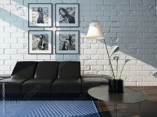 Illustration: Living room interior with black leather couch against brick wall Living room interior with black leather couch against brick wall