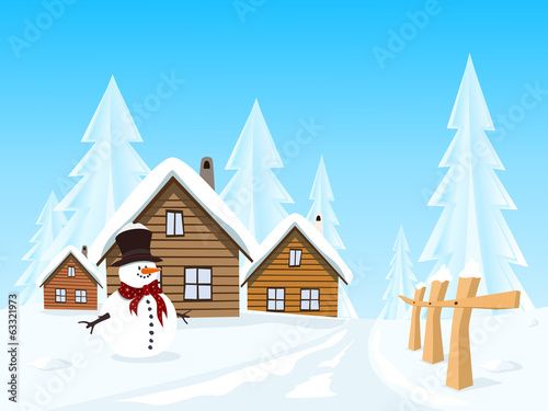 Vector: Vector picturesque village in winter landscape Vector picturesque village in winter landscape