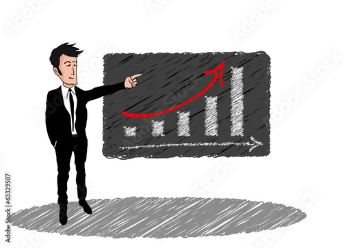 Illustration: Courbe de croissance dessin businessman costume tableau noir Courbe de croissance dessin businessman costume tableau noir