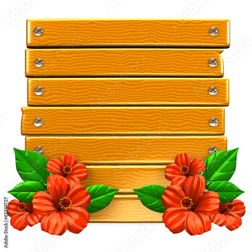 Illustration: Wooden Board With Red Hibiscuses Wooden Board With Red Hibiscuses