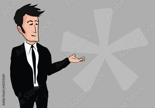 Illustration: Cartoon business man black suit gray blank background Cartoon business man black suit gray blank background