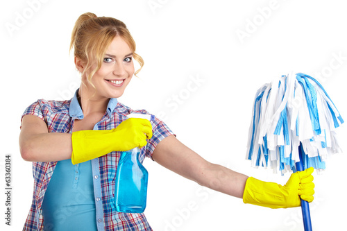 Photo: housewife cleaner. Isolated over white background housewife cleaner. Isolated over white background