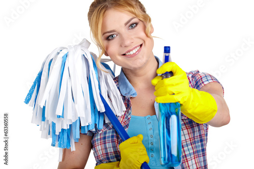 Photo: housewife cleaner. Isolated over white background housewife cleaner. Isolated over white background