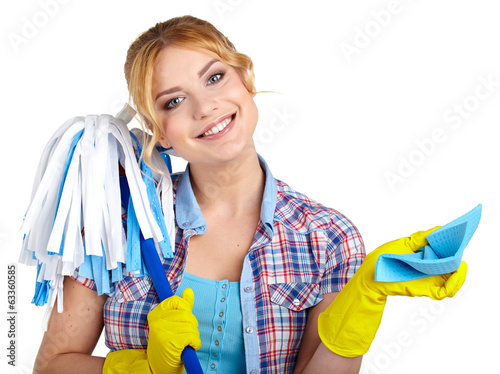 Photo: housewife cleaner. Isolated over white background housewife cleaner. Isolated over white background