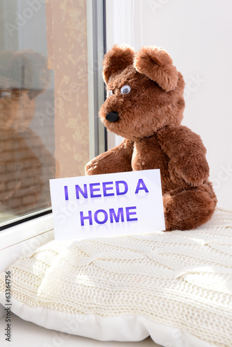 Photo: Toy-bear looking out window close-up Toy-bear looking out window close-up