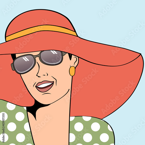  popart retro woman with sun hat in comics style, summer illustra