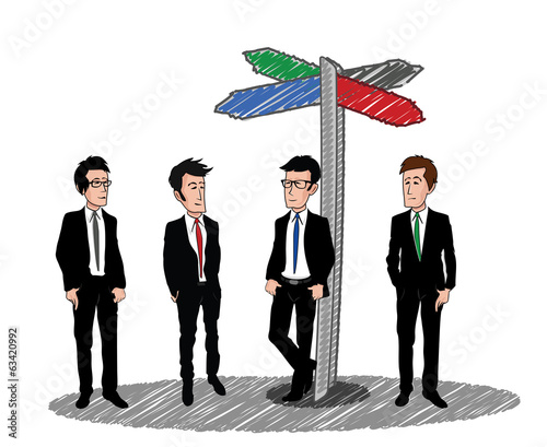 Illustration: Panneau de direction multicolore hommes costume dessin Panneau de direction multicolore hommes costume dessin