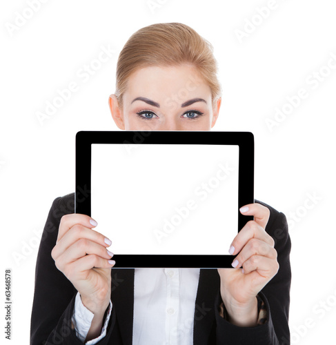 Photo: Smiling Businesswoman Holding Digital Tablet Smiling Businesswoman Holding Digital Tablet