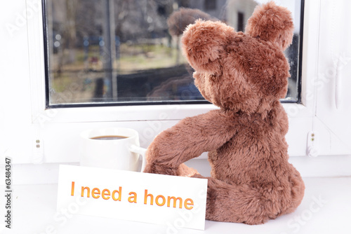 Photo: Toy-bear looking out window close-up Toy-bear looking out window close-up