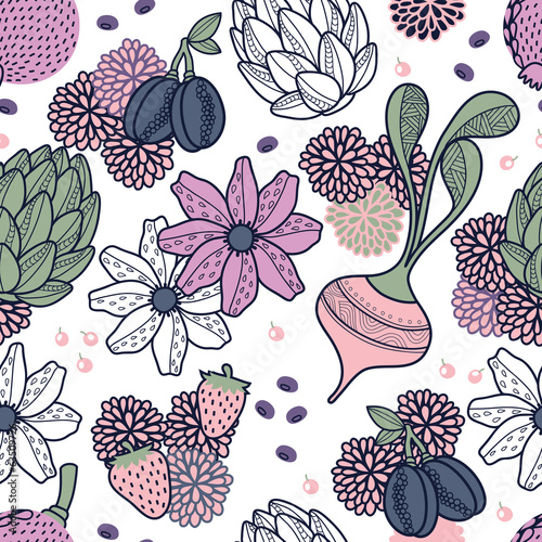 Vector: Flowers, vegetables and fruits seamless pattern Flowers, vegetables and fruits seamless pattern