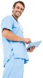 Handsome surgeon in blue scrubs using tablet pc Handsome surgeon in blue scrubs using tablet pc