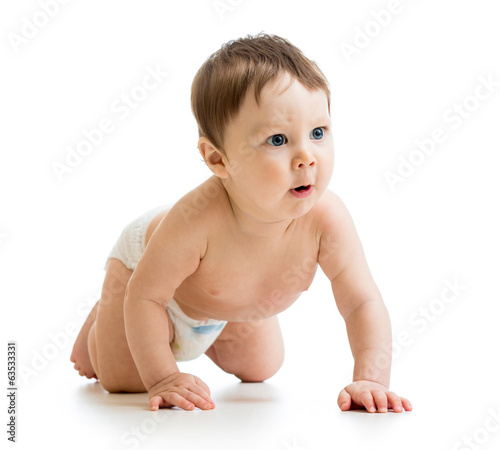 Photo: surprised crawling baby isolated on white surprised crawling baby isolated on white