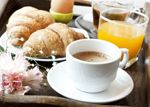 Photo: French Breakfast with Coffee, Flower and Croissants French Breakfast with Coffee, Flower and Croissants