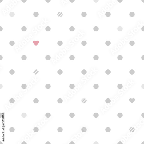 Vector: Polka dots with hearts seamless pattern - white and gray. Polka dots with hearts seamless pattern - white and gray.