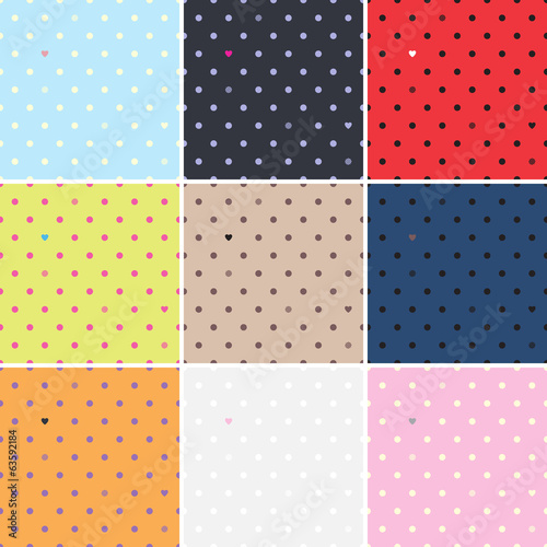 Vector: Set of polka dots seamless patterns. Dots & hearts. Set of polka dots seamless patterns. Dots & hearts.