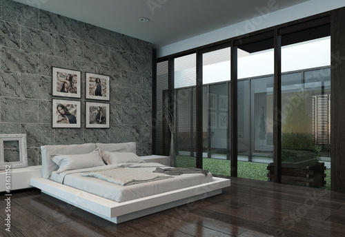 Illustration: Modern bedroom interior with stone wall Modern bedroom interior with stone wall