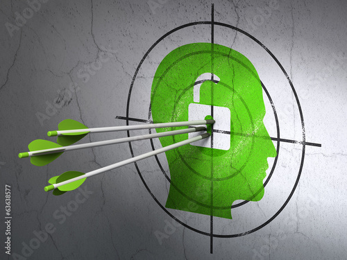 Illustration: Business concept: arrows in Head With Padlock target on wall Business concept: arrows in Head With Padlock target on wall