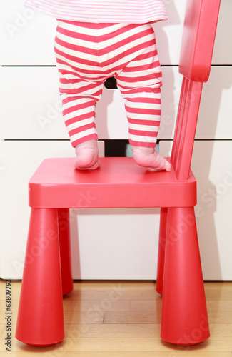 Photo: child feet on baby chair, kids home safety concept child feet on baby chair, kids home safety concept